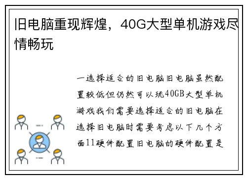 旧电脑重现辉煌，40G大型单机游戏尽情畅玩